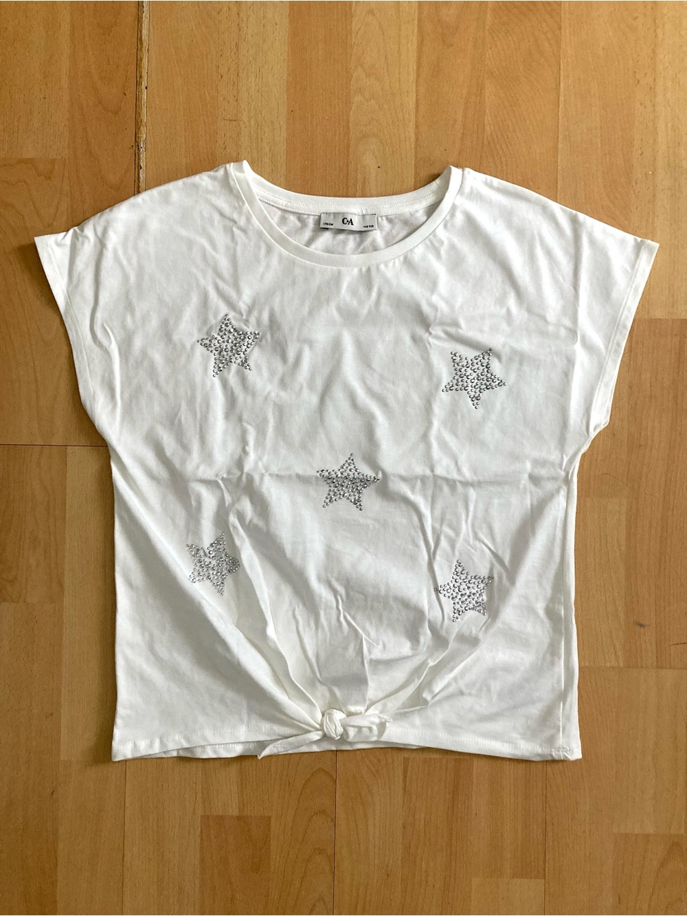C&A Creamy White Cotton Cap Sleeve Tie Front Tee with Silver Star Stud Detail